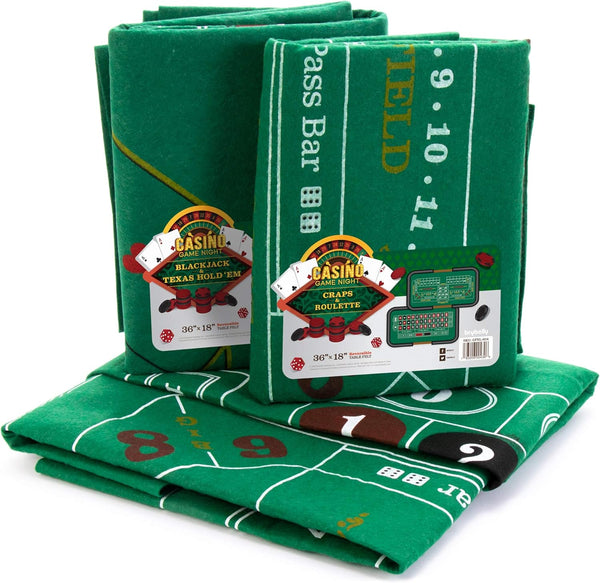 Casino Night 4-In-1 Felts Only -Blackjack, Craps, Roulette and Texas Hold'Em Table Felt Only- Green Felt Double Sided Casino Tabletop Gaming Mat- 18" X 36" - Perfect for Casino Game Night